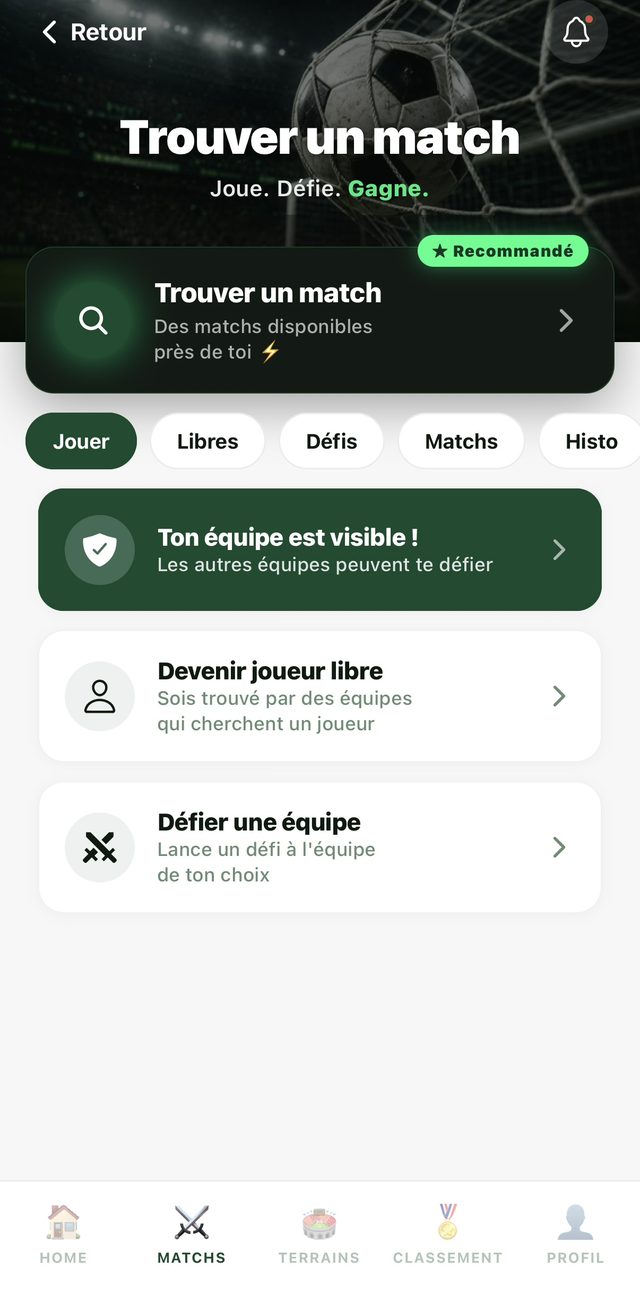 Écran Trouver un match : défis, joueurs libres, équipes
