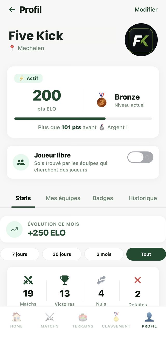 Écran Profil : ELO, niveau, statistiques et badges